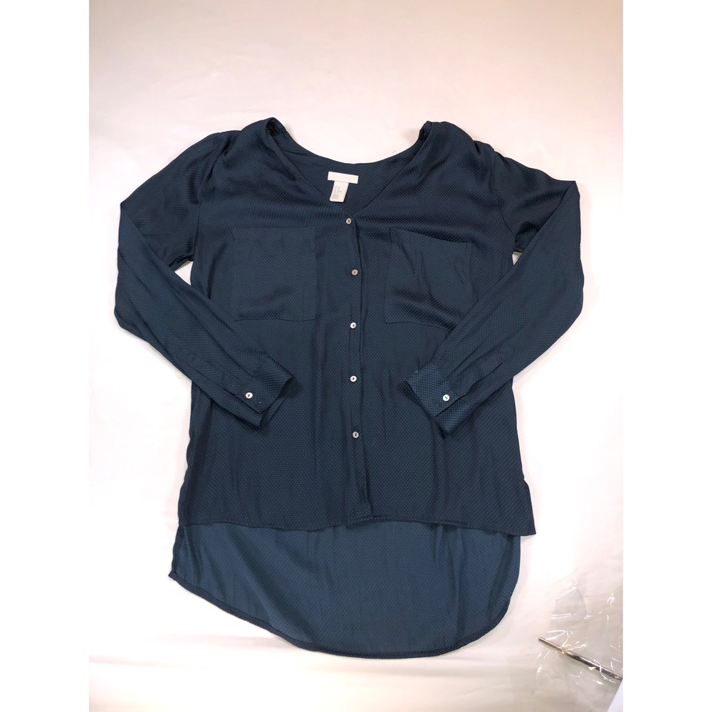 HM Conscious Navy Blue Textured Button Down Blouse Size 10 High Low Hem